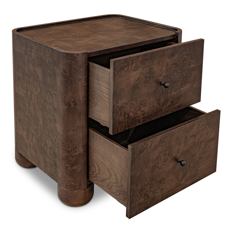 Gibson dark brown nightstand with both drawers open, showing wood-grain interiors