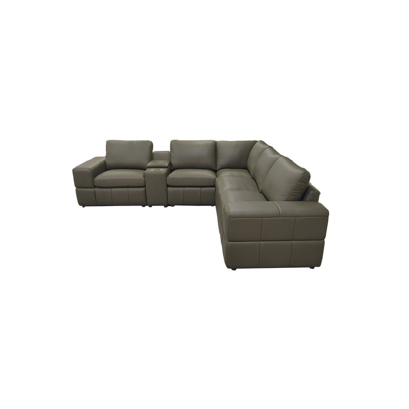 Dark green sectional sofa with large square arms, chaise corner and wide back cushions