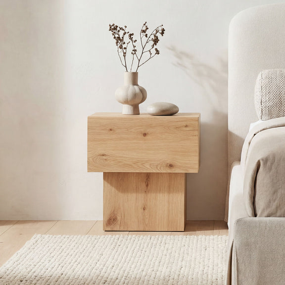 Natural wood nightstand with drawer and squared legs