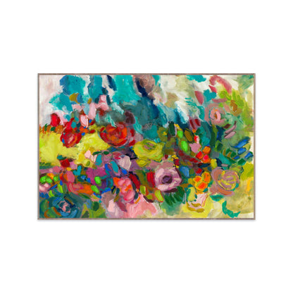 Abstract framed painting with vivid blue, green, pink, and yellow brushstrokes