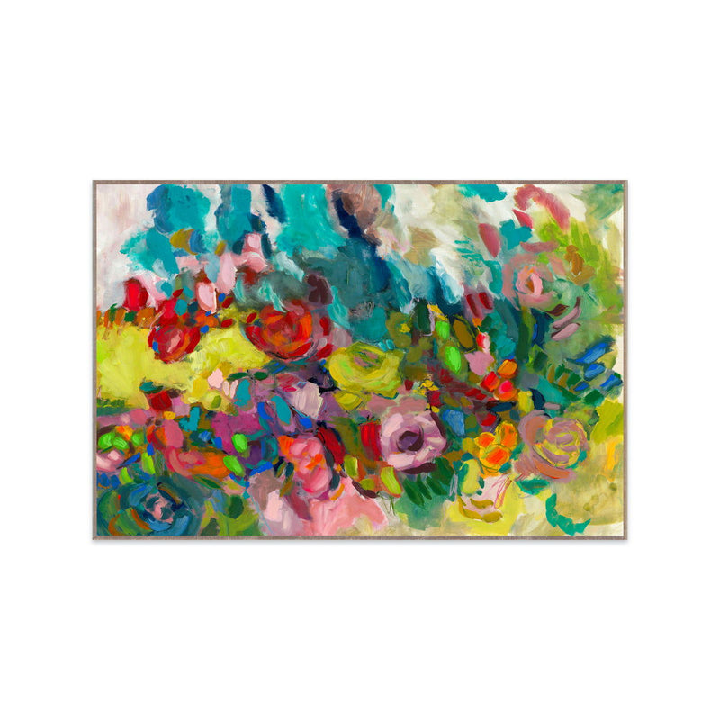 Abstract framed painting with vivid blue, green, pink, and yellow brushstrokes