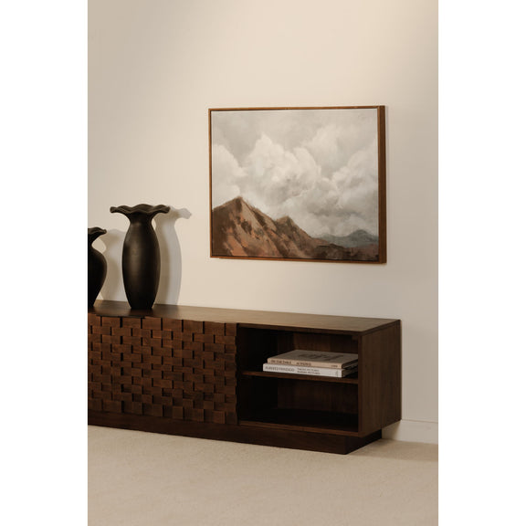 Brown media cabinet console with woven panel doors and built-in right open shelf