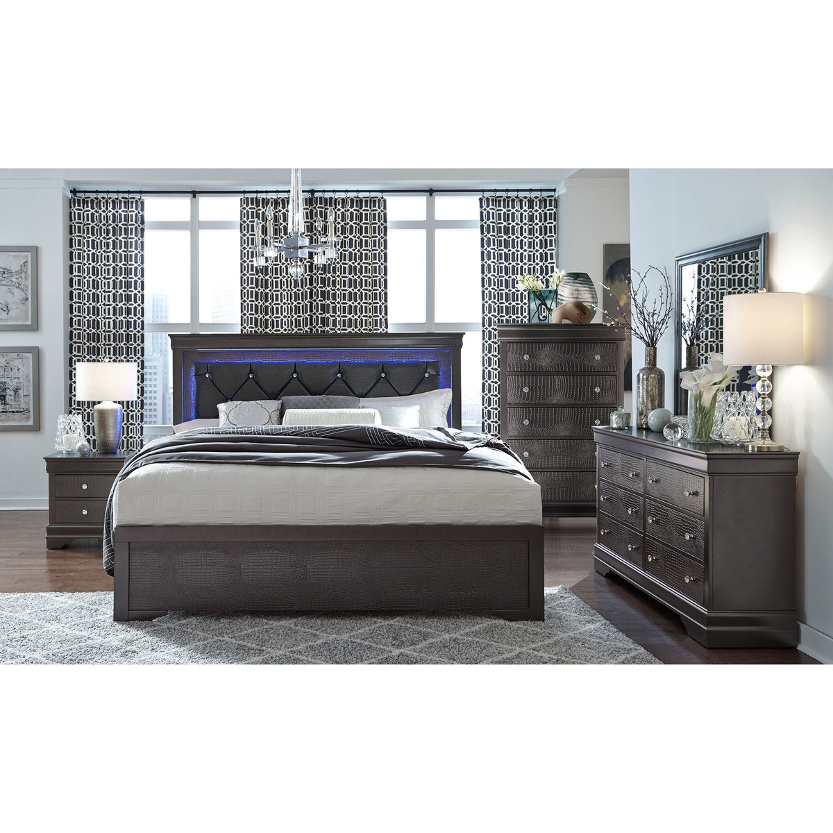 Dark gray shaker crocodile chest dresser with 4 drawers and silver knobs