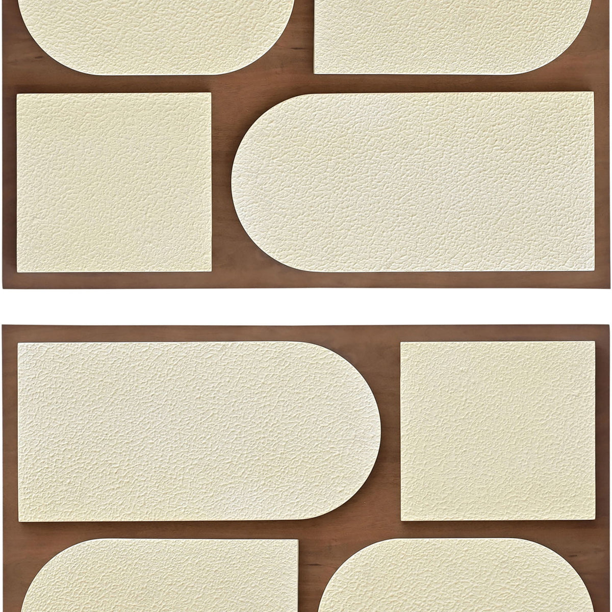Mango wood 2-piece wall art with light wood frames and off-white rounded geometric blocks