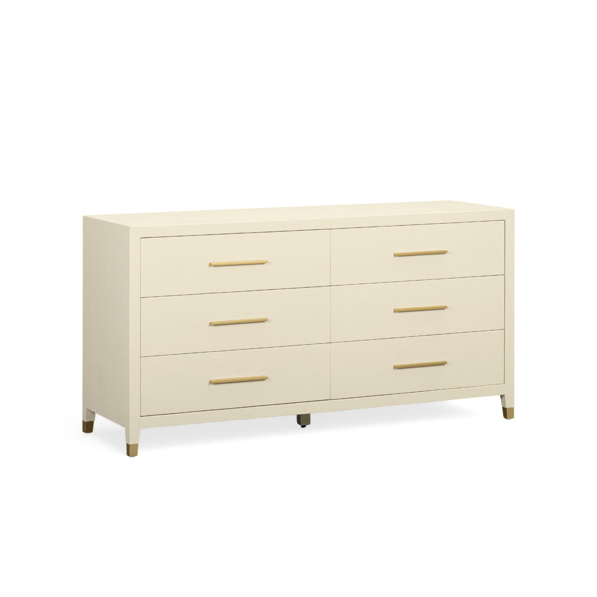 Cream faux shagreen 6-drawer dresser with gold bar pulls and tapered legs, angled view