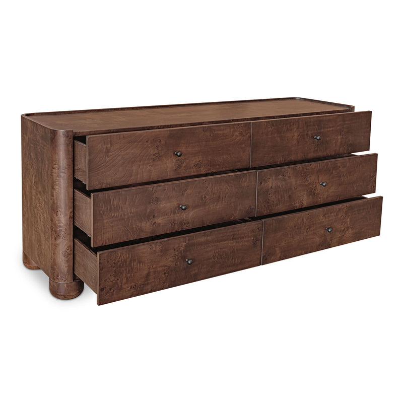 Gibson dark brown dresser with six drawers pulled open
