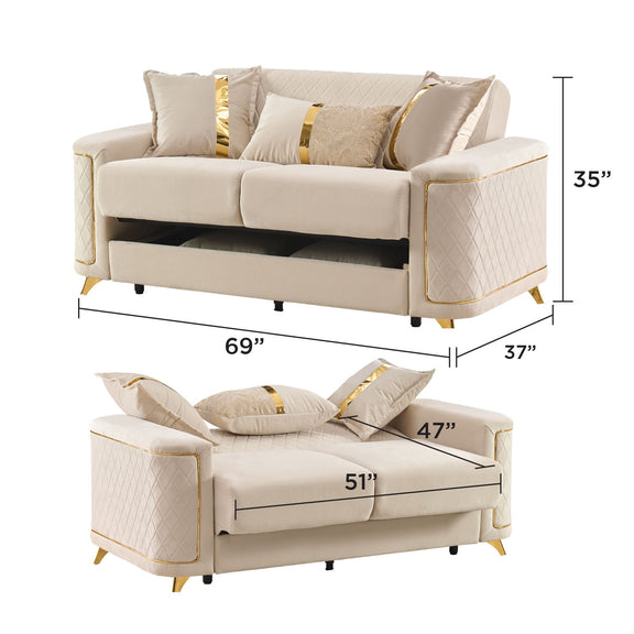 Beige loveseat with removable cushion; size 69in wide, 35in high, 37in deep