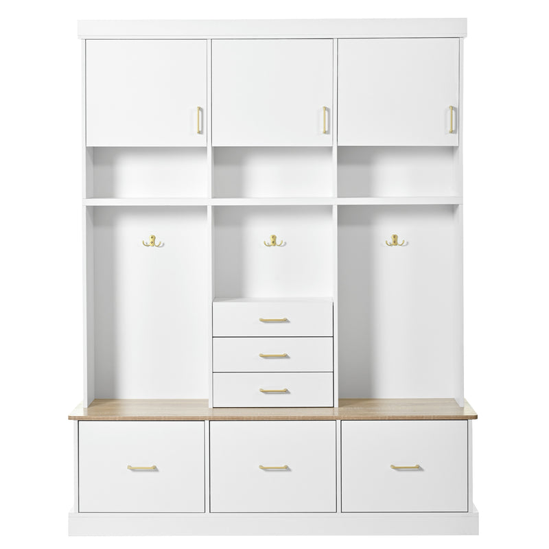 Hall Tree with Bench 6-Drawer Open Shelving White 75-inch