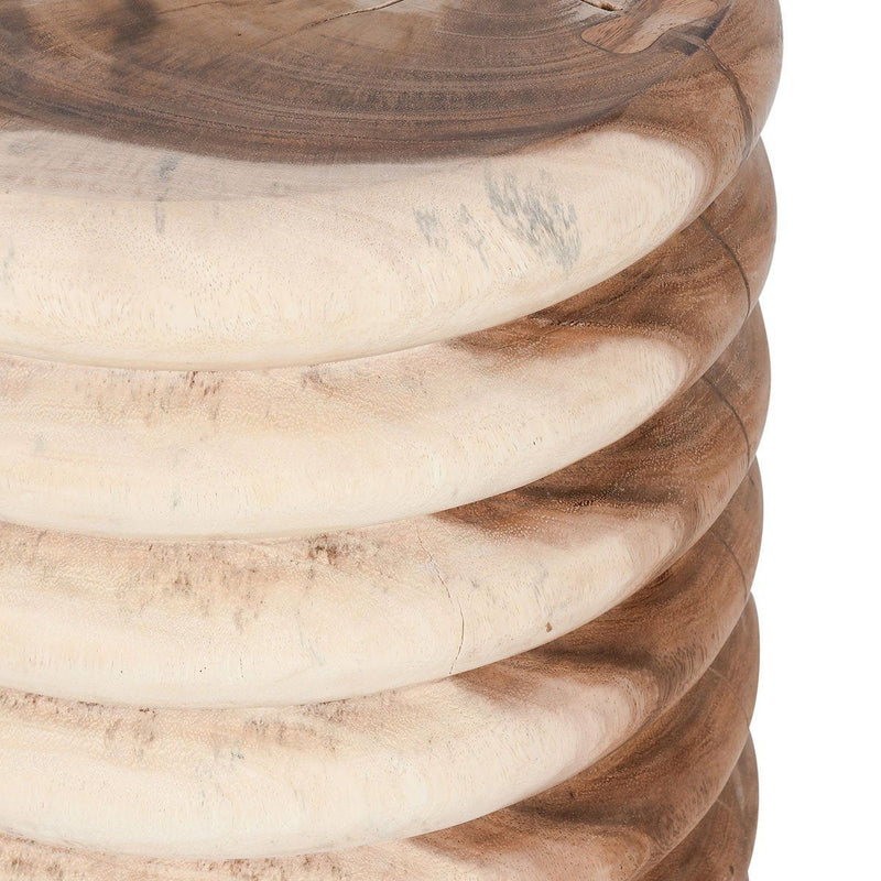 Natural round end table with stacked wood rings and light-to-dark grain close-up
