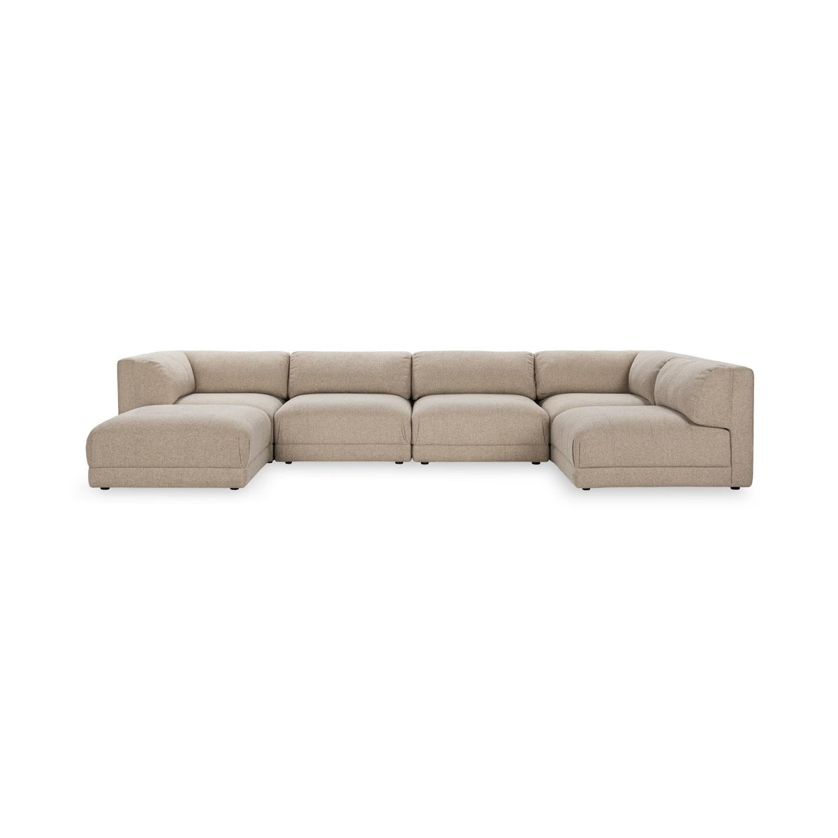 Beige sectional sofa with chaise ends and modular seating blocks, wide configuration