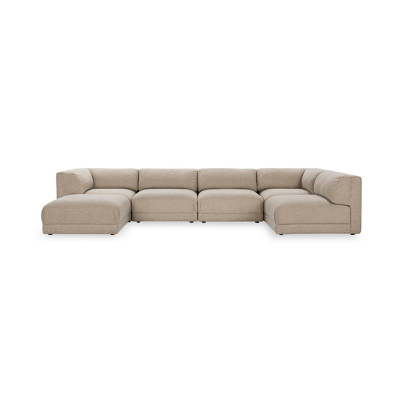 Beige sectional sofa with chaise ends and modular seating blocks, wide configuration