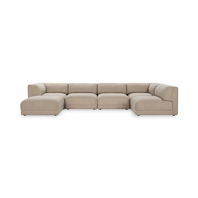 Beige sectional sofa with chaise ends and modular seating blocks, wide configuration