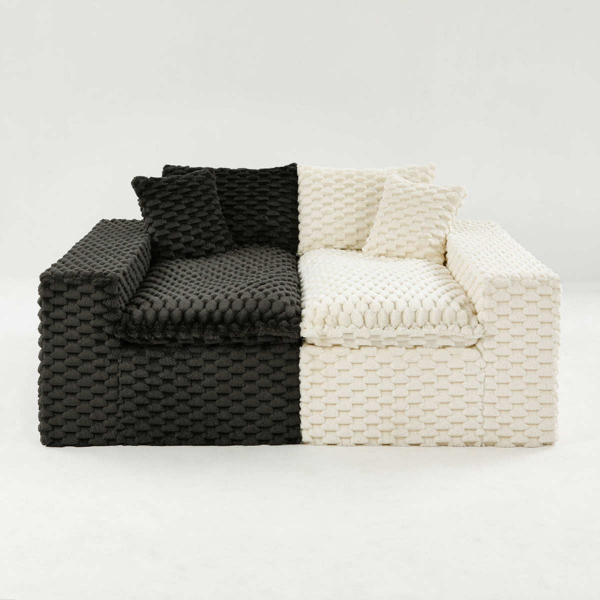 Two-tone woven sofa with dark gray left seat and light cream right chaise
