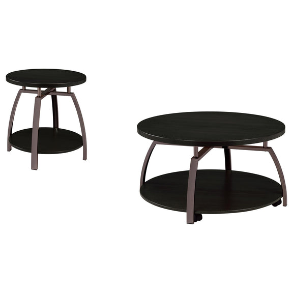 Charcoal round coffee table set with two-tier shelves and curved metal legs