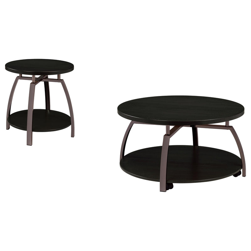 Charcoal round coffee table set with two-tier shelves and curved metal legs