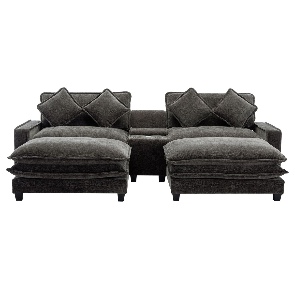 Sectional Sofa Chenille Upholstered Sofa With Two Removable Ottoman, Two USB Ports, Two Cup Holders And Large Storage Box For Living Room
