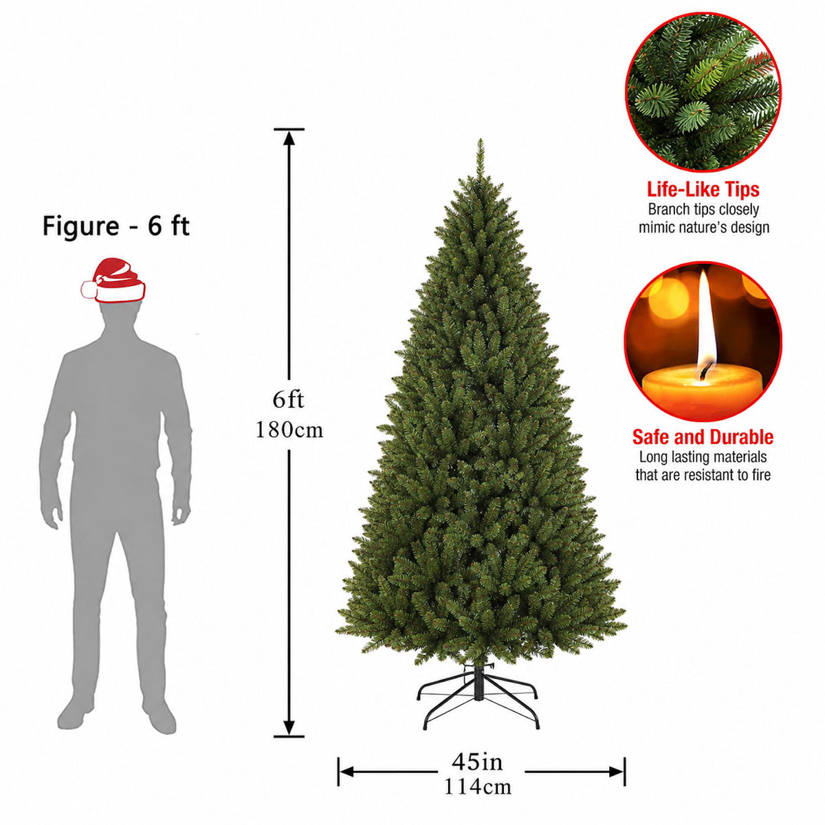 Dark green artificial Christmas tree product diagram on a metal stand