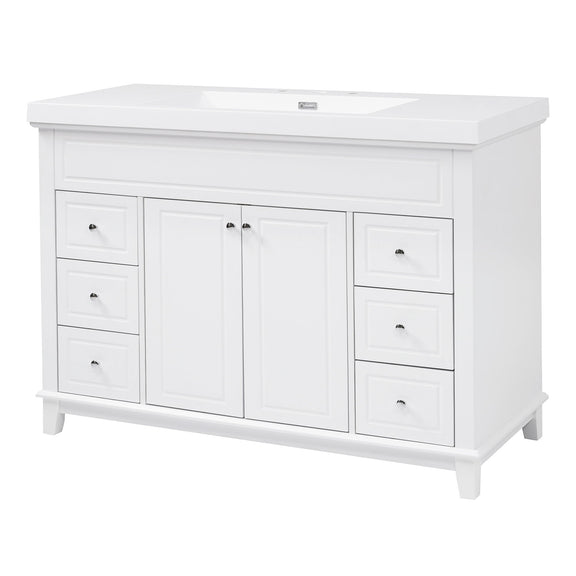 White bathroom vanity cabinet with double doors, six soft-close drawers, sink top