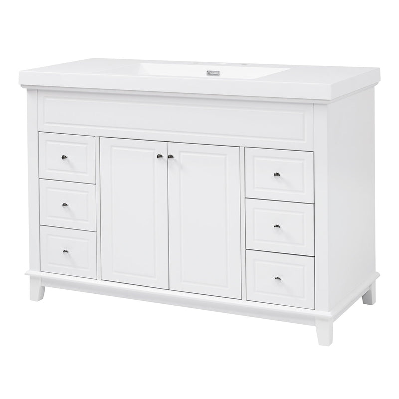White bathroom vanity cabinet with double doors, six soft-close drawers, sink top