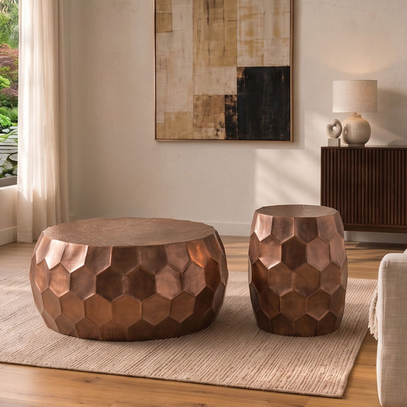 2-piece round ottoman table set, rose-gold hex-pattern sides, gray tops