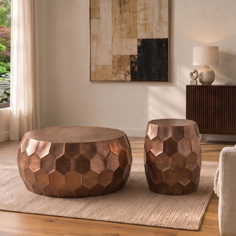 2-piece round ottoman table set, rose-gold hex-pattern sides, gray tops