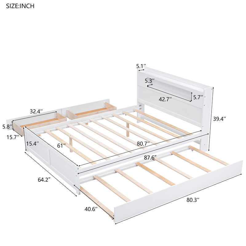 Storage Platform Bed With LED Lights, 2 Drawers And Trundle