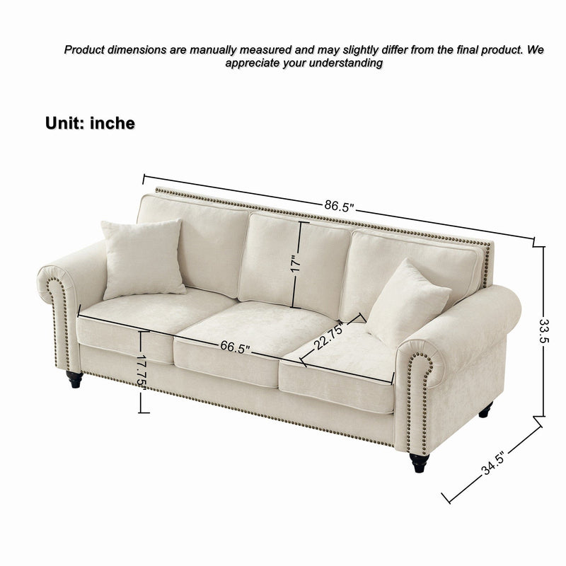 Beige tufted 3-seater sofa with rolled arms and studded trim