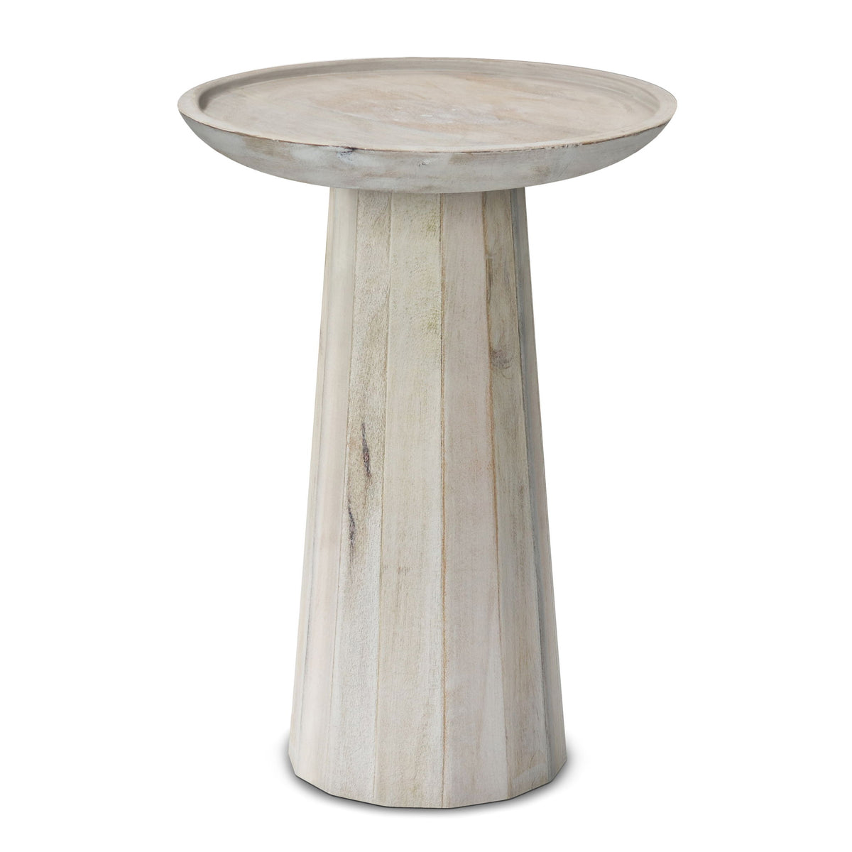 Handcrafted wooden accent table with round white top and tapered pedestal base