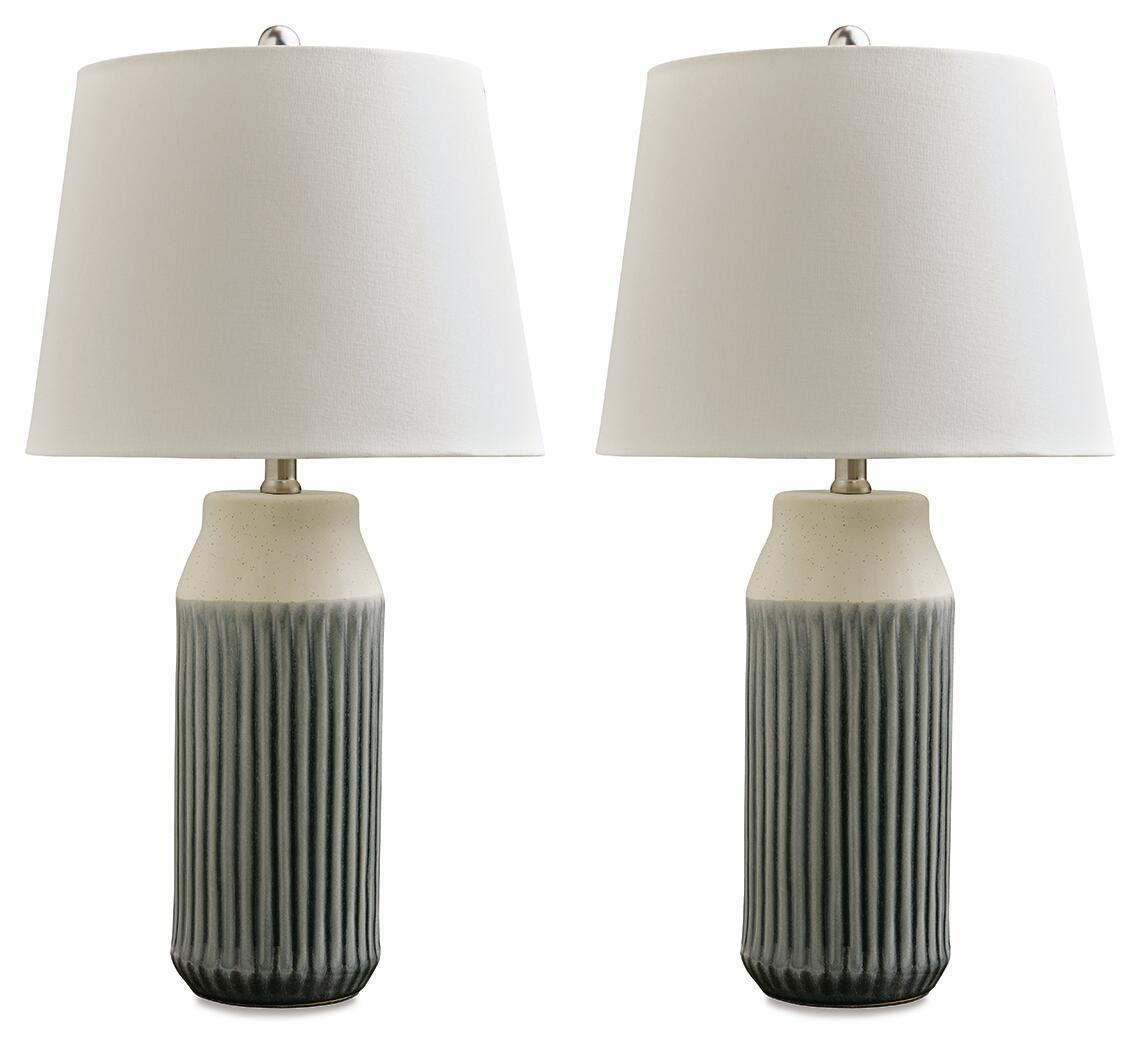 Set of 2 ceramic table lamps with ribbed dark blue bases and beige fabric shades