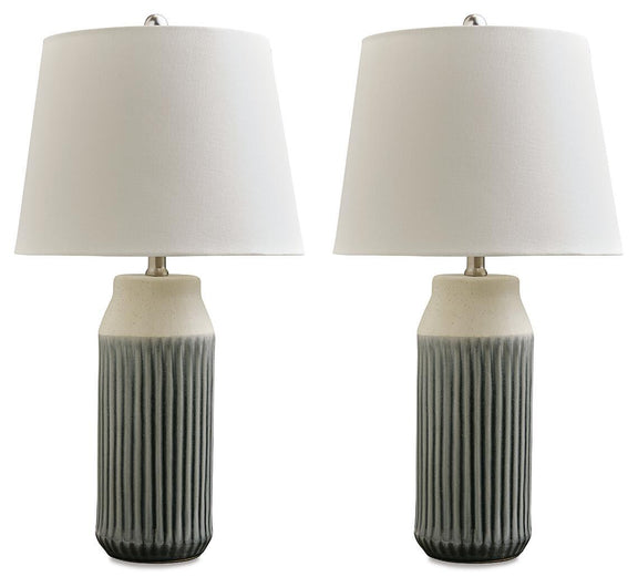 Set of 2 ceramic table lamps with ribbed dark blue bases and beige fabric shades