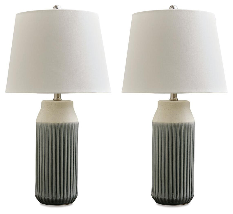 Set of 2 ceramic table lamps with ribbed dark blue bases and beige fabric shades
