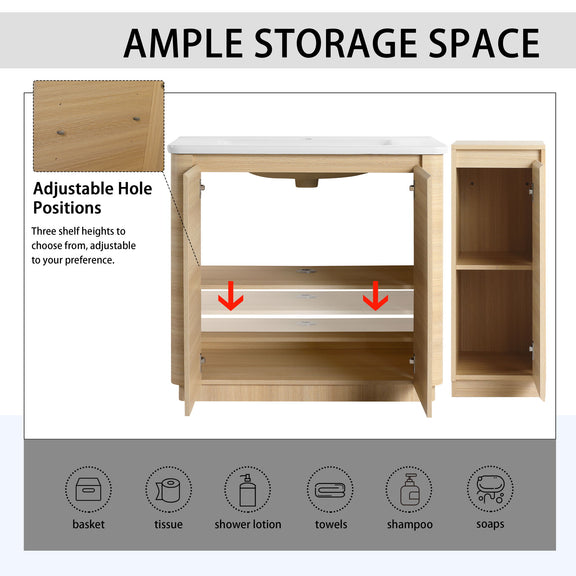 Bathroom vanity interior view showing open doors and adjustable shelf storage