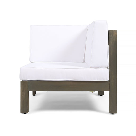 Outdoor love seat and coffee table set with white cushions and dark wood frame
