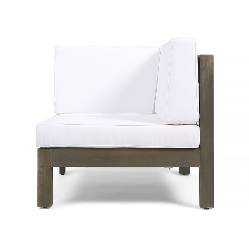 Outdoor love seat and coffee table set with white cushions and dark wood frame
