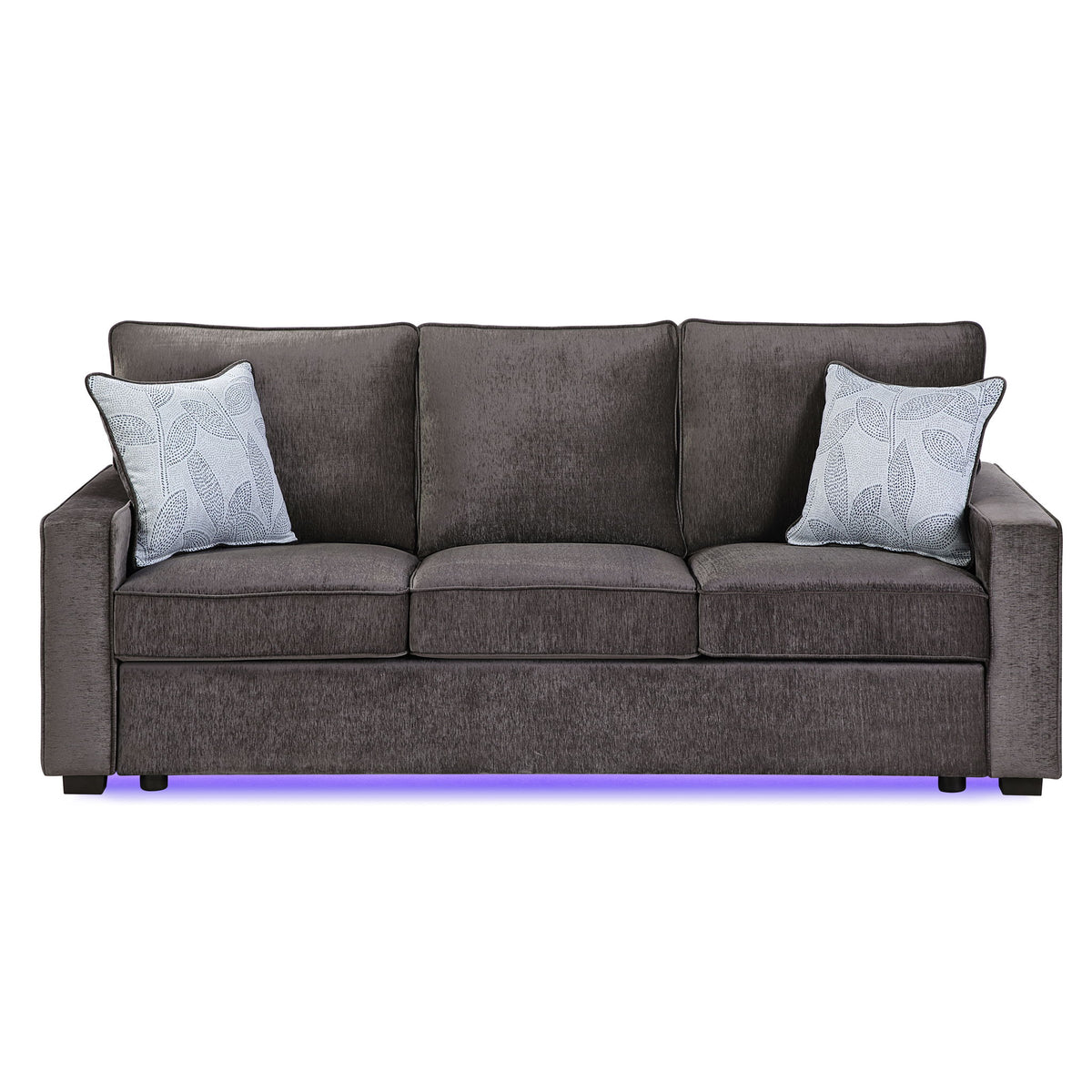 Dark gray upholstered 3-seat sofa with 2 patterned throw pillows and LED base light