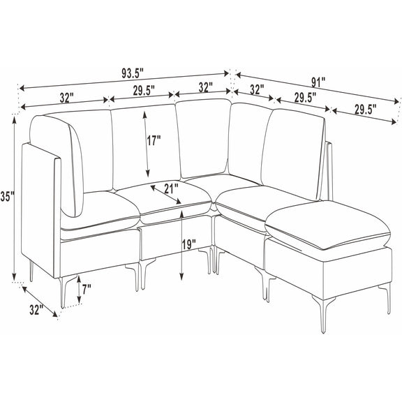 Upholstered modular sectional height and width diagram with tall legs