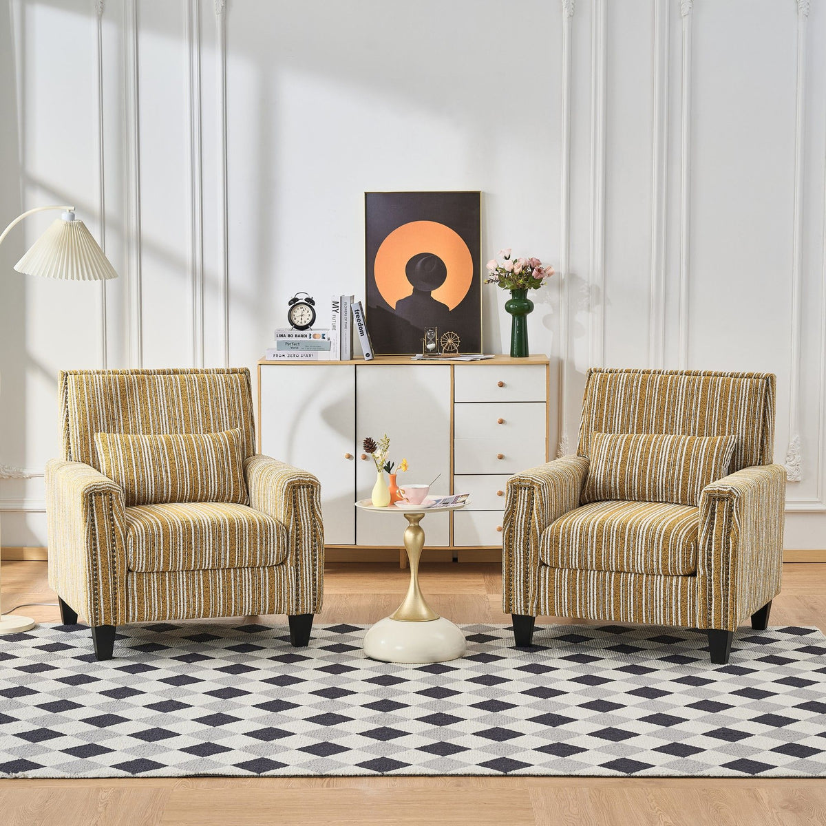 Mustard-yellow striped armchair set with padded arms, supportive back, dark legs