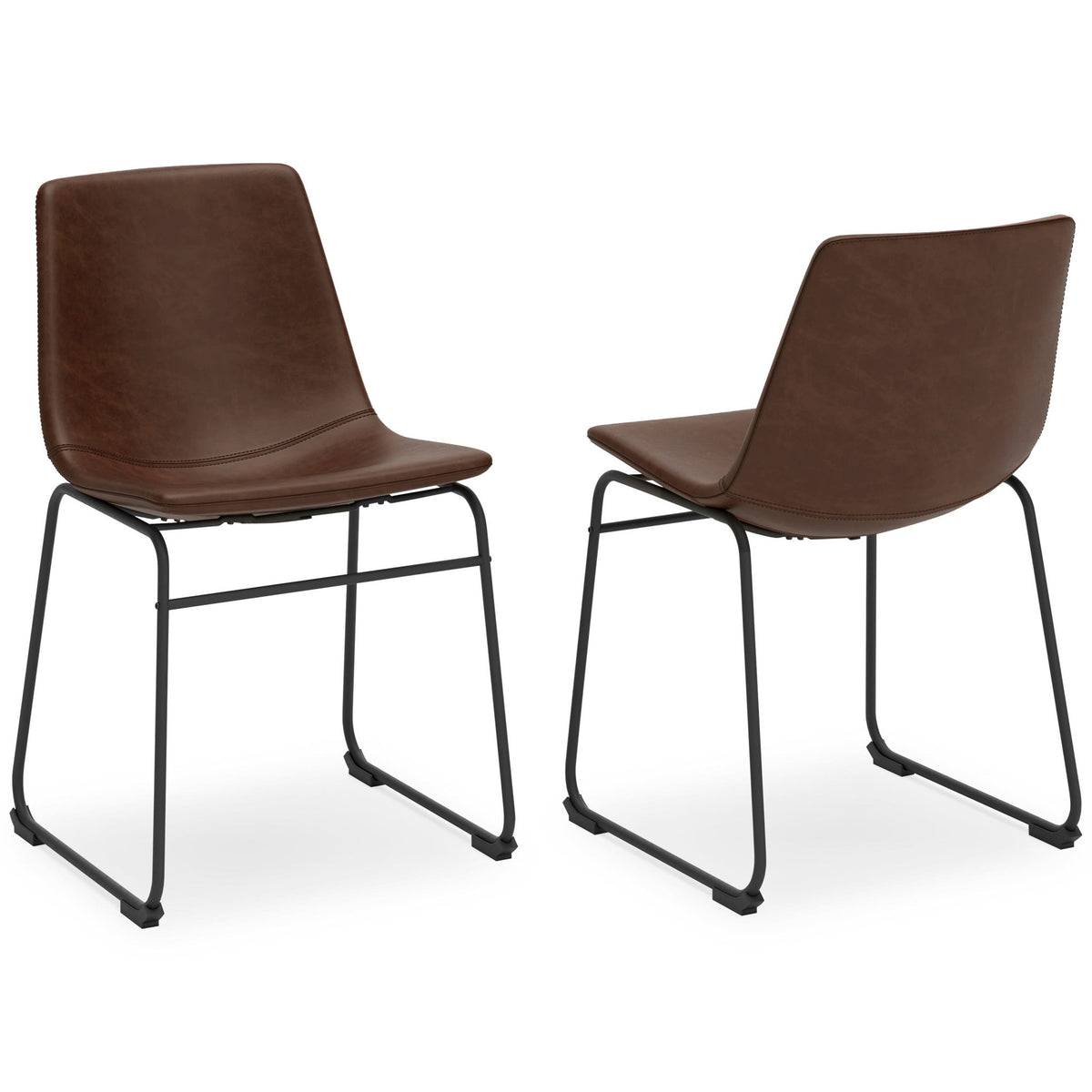 Pair of brown upholstered dining side chairs with black metal frames