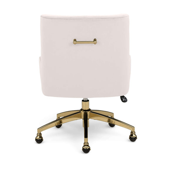 White office swivel chair with brass handle detail, gold base, and rolling casters