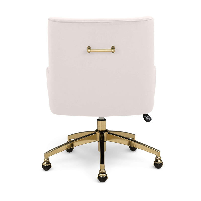 White office swivel chair with brass handle detail, gold base, and rolling casters