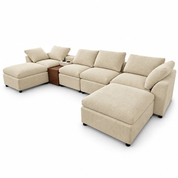 Beige modular sectional sofa with storage console and chaise ottoman, square pillows