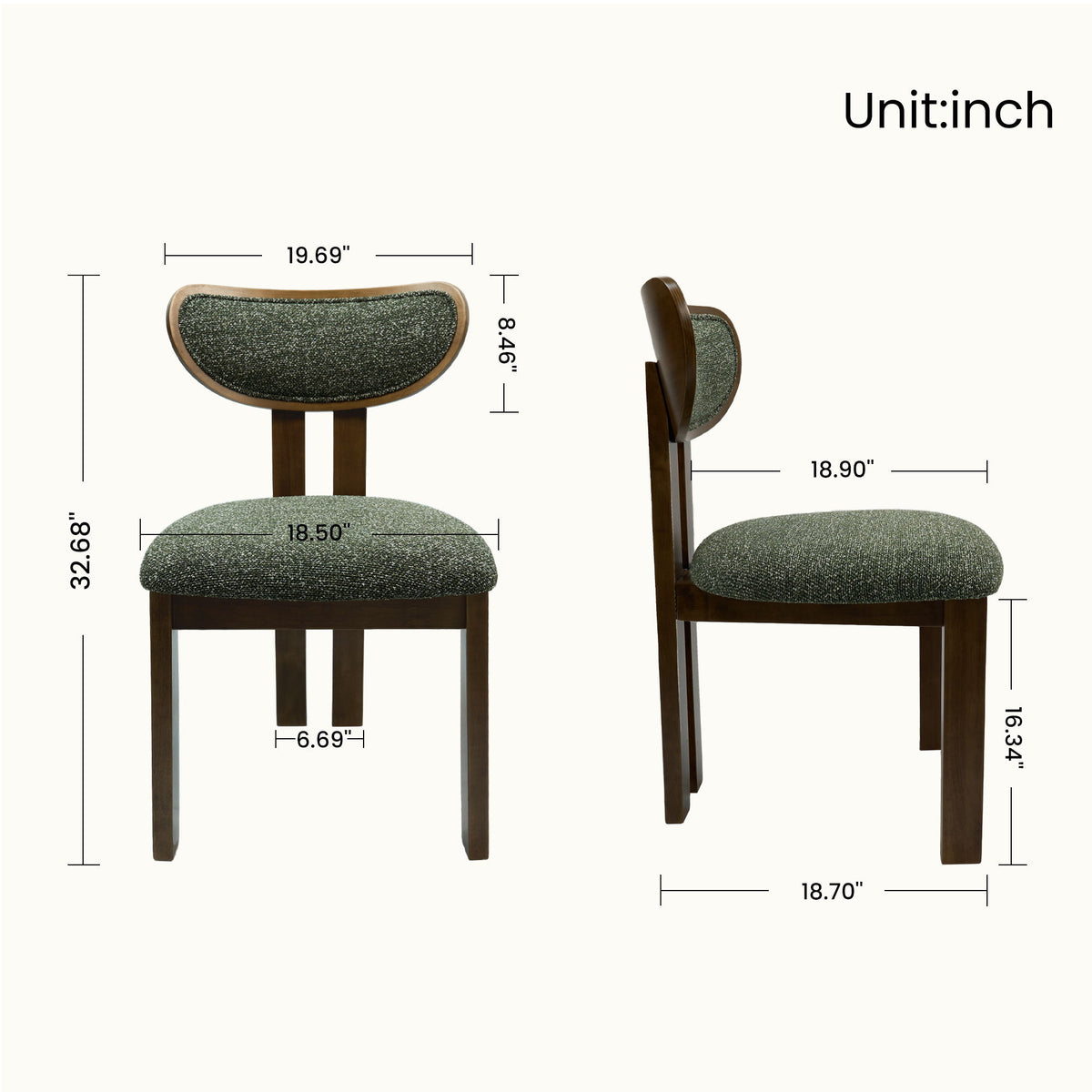 Dark green upholstered dining chair shown with front and side dimensions