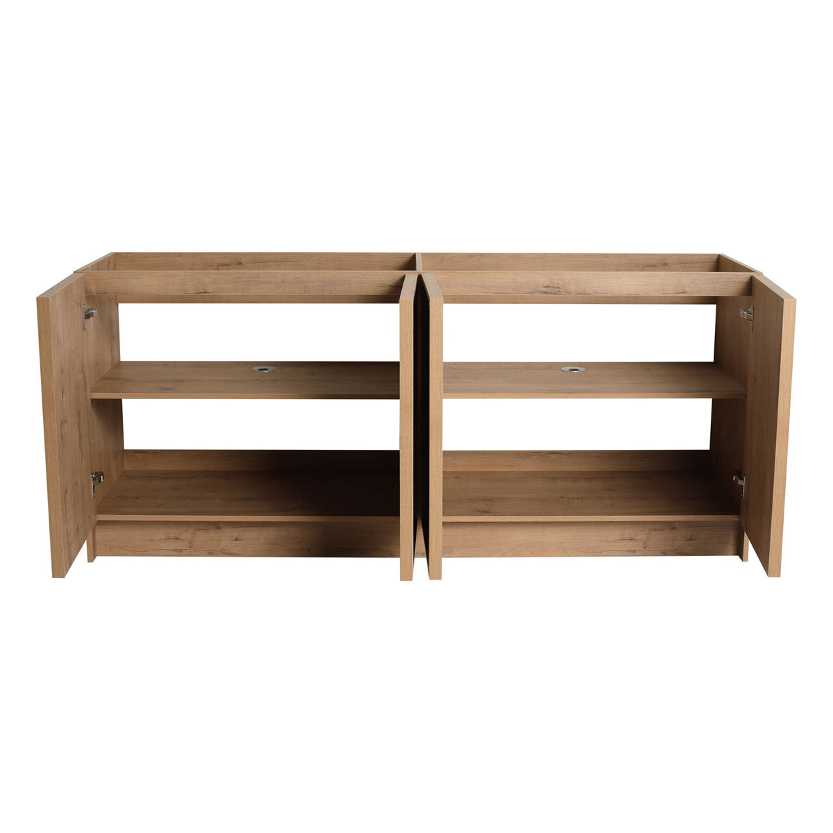 Freestanding bathroom vanity with cabinet doors open, showing two shelves inside