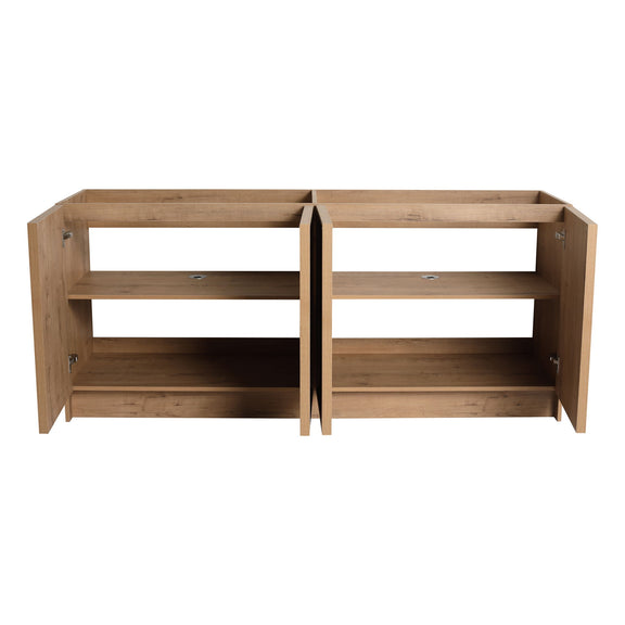 Freestanding bathroom vanity with cabinet doors open, showing two shelves inside