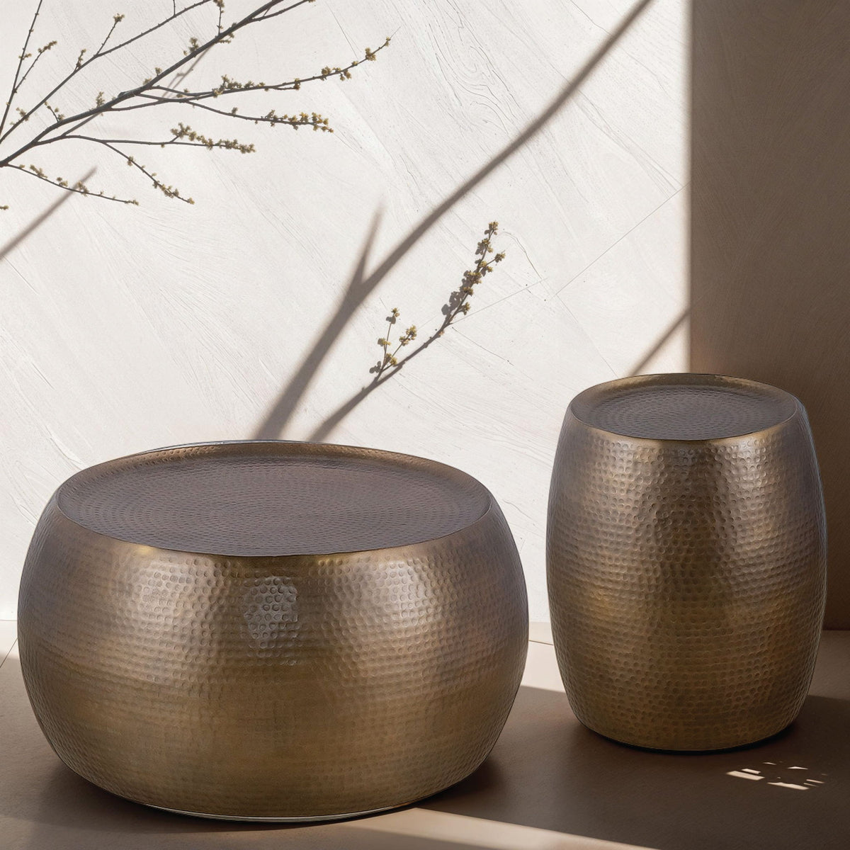 Bronze hammered round coffee table and matching end table set