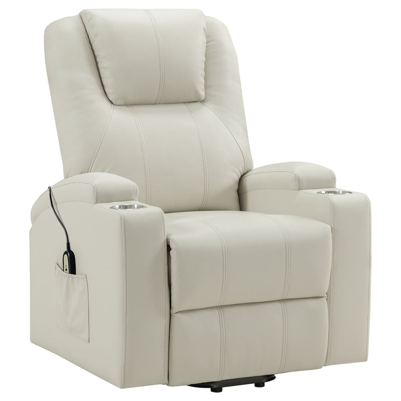 Light brown massage recliner with heat, dual cupholders, and power lift base.