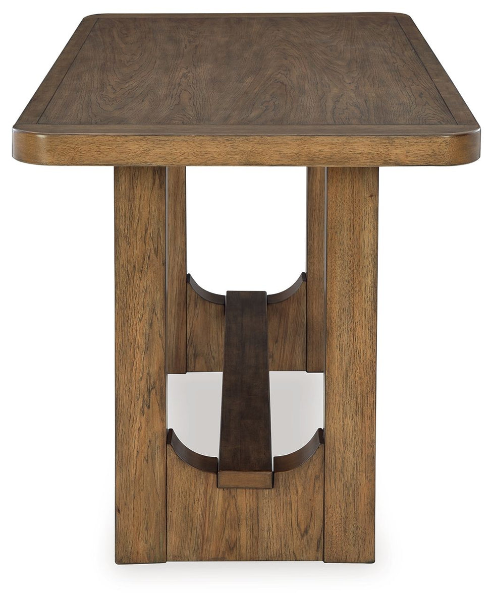 Rectangular dining counter table top with wood pedestal base, dark tabletop, light brown legs.