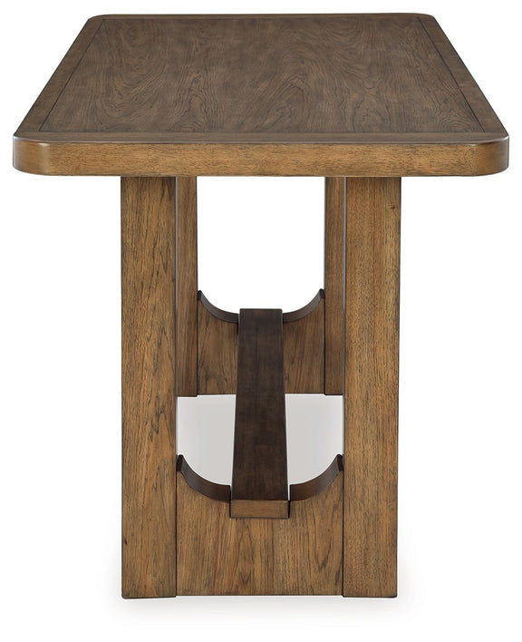 Rectangular dining counter table top with wood pedestal base, dark tabletop, light brown legs.