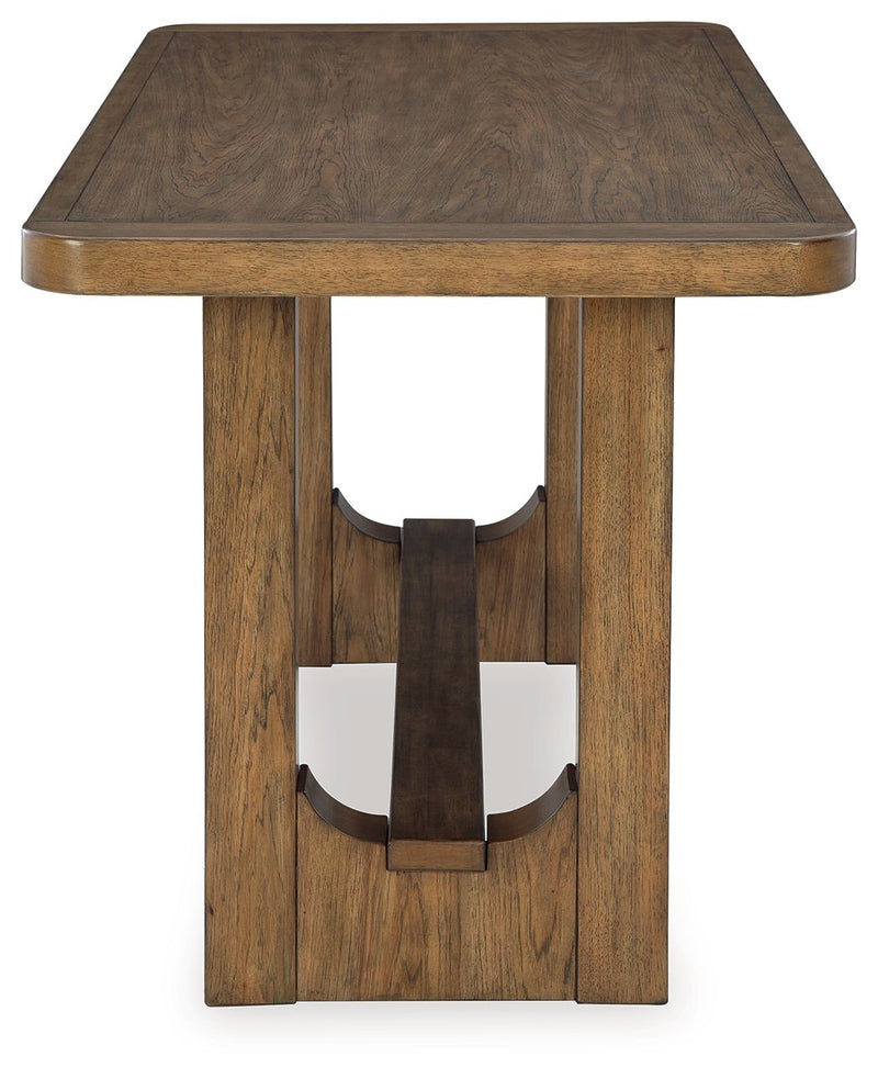 Rectangular dining counter table top with wood pedestal base, dark tabletop, light brown legs.
