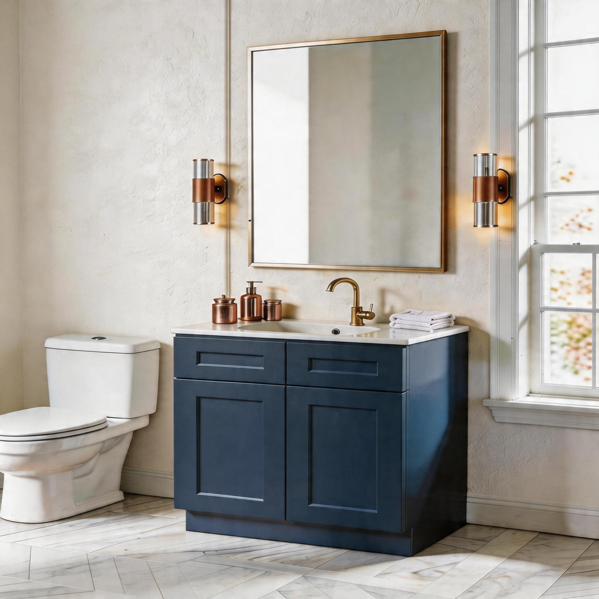 Blue shaker base cabinet with double doors and soft-close drawer beneath a sink top.